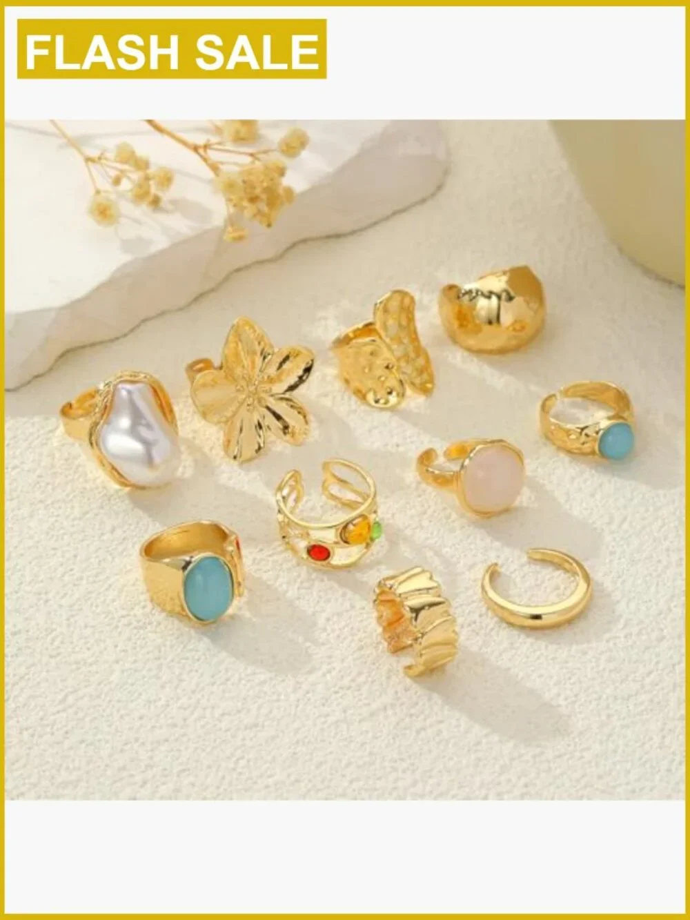 Chunky Baroque Pearl Flower Tiger's Eye Stone Rings Set Non Tarnish Stacking